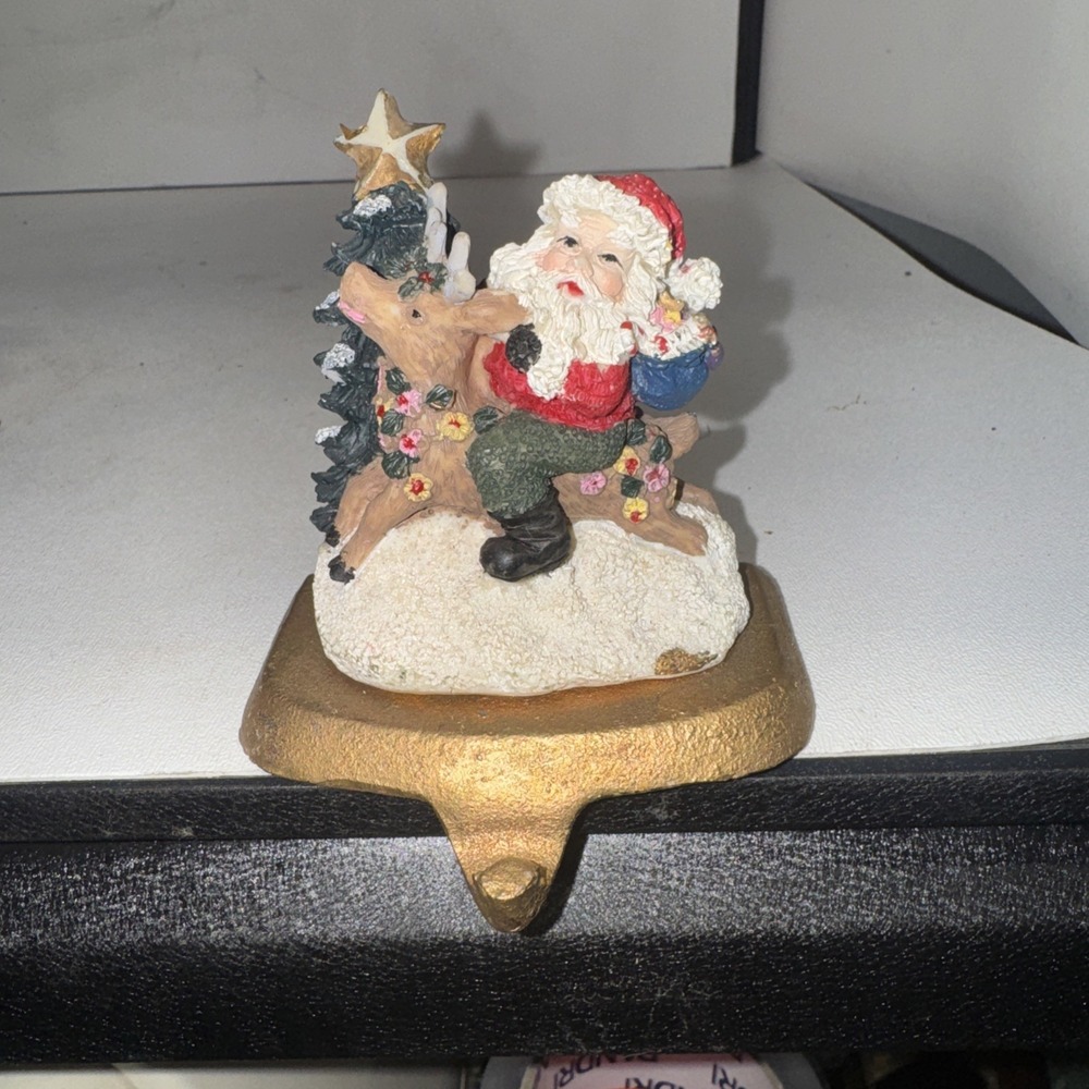 K's Collection Christmas Stocking Mantle Hanger Santa Riding a Reindeer Vintage‎